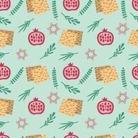 Passover seamless pattern with matzo, pomegranate, plants. Vector illustration. For packaging, wrapping paper, textiles, cards, background.