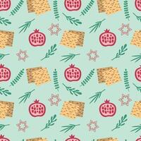 Passover seamless pattern with matzo, pomegranate, plants. Vector illustration. For packaging, wrapping paper, textiles, cards, background.