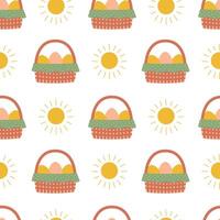 Easter seamless pattern with eggs in a basket and sun. Isolated vector pattern for packaging, cards, background, textile