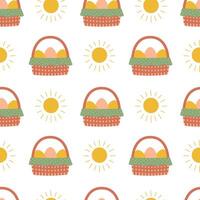 Easter seamless pattern with eggs in a basket and sun. Isolated vector pattern for packaging, cards, background, textile