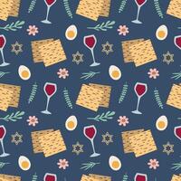 Passover seamless pattern with matzo, egg, glass, wine. Vector. For packaging, wrapping paper, background, cards, textiles. vector