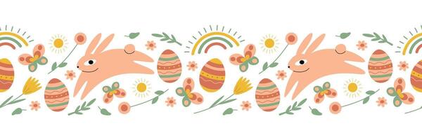 Easter seamless border. Easter bunny, Easter eggs and plants. Isolated vector illustration for your design.