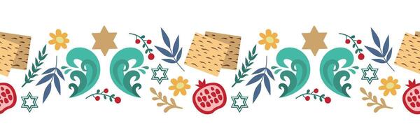 Pascua sin costura frontera con matzá, estrella de David, frutas y flores para antecedentes, tarjetas, sitios web vector, aislado. vector