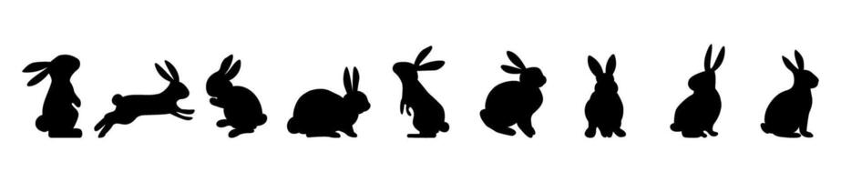 Rabbit in different positions clipart set. Easter bunny black silhouette collection. Isolated on white background. Vector illustration