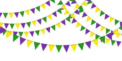 Mardi Gras traditional flag garland. Triangle pennants chain. Party pennants, window or wall decoration decoration. Celebration flags for decor vector