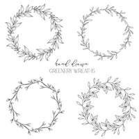 Hand drawn floral frame line art, Floral Wreath Greenery line drawing. Botanical greenery frames with leaves vector