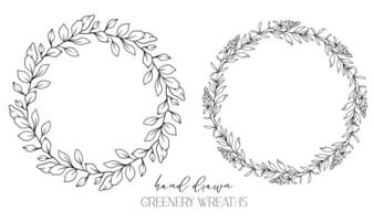 Hand drawn floral frame line art, Floral Wreath Greenery line drawing. Botanical greenery frames with leaves vector