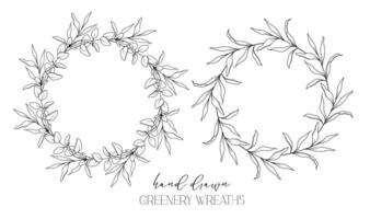 Hand drawn floral frame line art, Floral Wreath Greenery line drawing. Botanical greenery frames with leaves vector