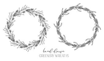 Hand drawn floral frame line art, Floral Wreath Greenery line drawing. Botanical greenery frames with leaves vector