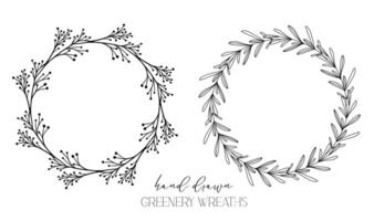 Hand drawn floral frame line art, Floral Wreath Greenery line drawing. Botanical greenery frames with leaves vector