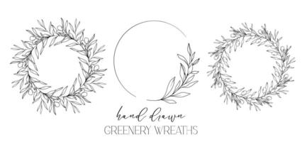 Hand drawn floral frame line art, Floral Wreath Greenery line drawing. Botanical greenery frames with leaves vector