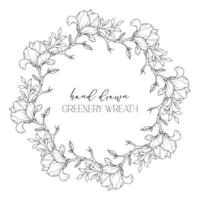 Hand drawn floral frame line art, Floral Wreath Greenery line drawing. Botanical greenery frames with leaves vector