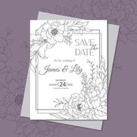 Line Art Peony Flower  Wedding Invitation template,  Outline Peony Minimalist Wedding Stationery vector