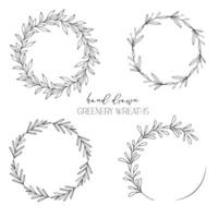 Hand drawn floral frame line art, Floral Wreath Greenery line drawing. Botanical greenery frames with leaves vector