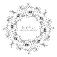 Hand drawn floral frame line art, Floral Wreath Greenery line drawing. Botanical greenery frames with leaves vector