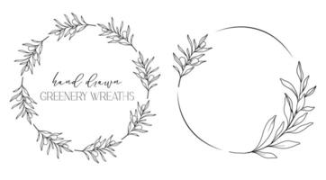 Hand drawn floral frame line art, Floral Wreath Greenery line drawing. Botanical greenery frames with leaves vector