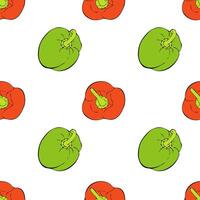 Peppers pattern on white background with red and green sweet bell peppers, hand drawn outline sketches. vector