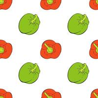 Peppers pattern on white background with red and green sweet bell peppers, hand drawn outline sketches. vector