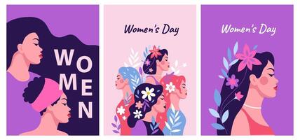 un conjunto de postales hermosa mujer con flores en su cabello. lado ver de el chicas. internacional De las mujeres día. igualdad y feminismo vector