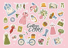 Sticker pack of cute cottage core style elements. A set of rural girl aesthetics. Flowers, retro clothes, vintage dresses. Vector, flat, cartoon illustration vector