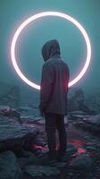 AI generated Silent Vigil, A Hooded Figure Stands Upon Rocky Terrain, Their Presence Enigmatic Against the Illuminating Glow of a Neon Circle in the Background. photo