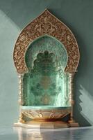 AI generated A 3D Islamic podium resembling a decorated mimbar, featuring a color palette of green, gold, bronze, and pastel tones. photo