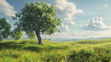 ai generado naturaleza majestad, un verde prado con un imponente árbol alcanzando arriba a el cielo, emanando un sentido de paz y grandeza. foto