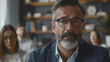 AI generated Confident Leadership, Mature Hispanic Businessman Addresses Multiracial Colleagues in Formal Online Meeting. Headshot Portrait Captures Boss Speech Amidst Collage View. photo