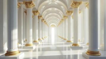 AI generated A digitally rendered image depicting a corridor with white pillars adorned in gold, creating an elegant background. photo