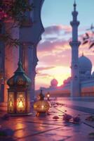 ai generado un eid al-fitr linterna y un pequeño mezquita, simbolizando el jubiloso celebracion de el islámico día festivo. foto