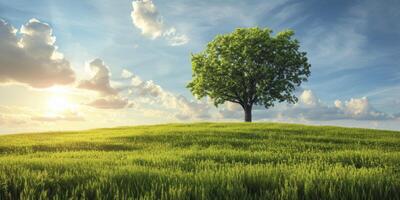 AI generated Nature Majesty, A Green Meadow with a Towering Tree Reaching Up to the Sky, Emanating a Sense of Peace and Grandeur. photo