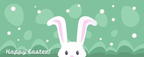 contento Pascua de Resurrección bandera con plano gráfico elementos y símbolos de el día festivo, decorado huevos y conejito, plantas dibujos. vector ilustración con texto saludo.