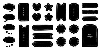 Black text boxes, bubbles, frames and borders, stickers and backgrounds for phrases and texts. Vector design elements, illustration.