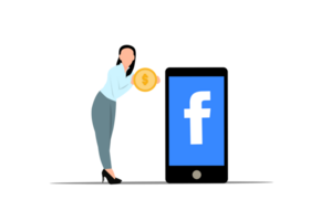 mujer de negocios participación un moneda y un Facebook icono en un teléfono inteligente png