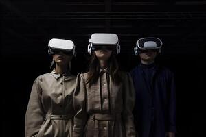 AI generated Fashionable young people wearing a mixed reality headset and experiencing metaverse and cyberspace. photo