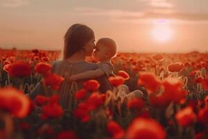 ai generado caucásico madre y su bebé a tulipán prado foto