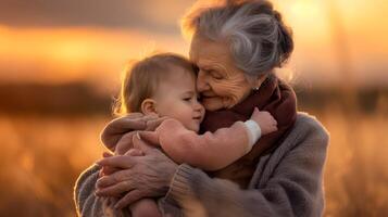 AI generated Grandmother and her grandchild at sunset photo