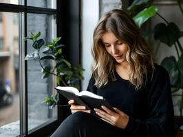 AI generated Beautiful Caucasian girl reading book indoors photo