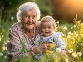 ai generado abuela y su nieto a puesta de sol foto