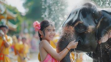 AI generated Girl with traditional costume and elephant in Songkran festival at Thailand photo