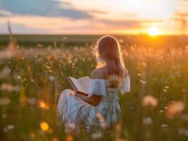 AI generated Beautiful Caucasian girl reading a book in the meadow. photo