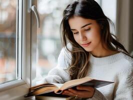 ai generado hermosa caucásico niña leyendo libro adentro foto