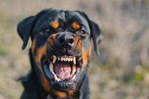 ai generado cabeza Disparo de agresivo perro ladrido. rabia virus infección concepto. foto