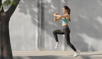 ai generado caucásico mujer haciendo fortalecimiento ejercicio al aire libre foto