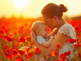 ai generado caucásico madre y su bebé a tulipán prado foto