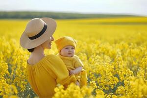 ai generado caucásico madre y su bebé a amarillo prado foto