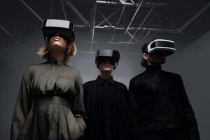 AI generated Fashionable young people wearing a mixed reality headset and experiencing metaverse and cyberspace. photo