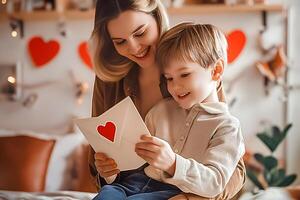 AI generated Caucasian mother and her son reading letter at bedroom photo