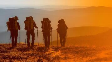 AI generated Group of sporty people hiking in mountain photo