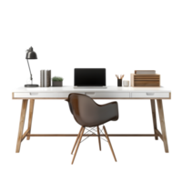 AI generated workplace with computer and chair isolated on png background